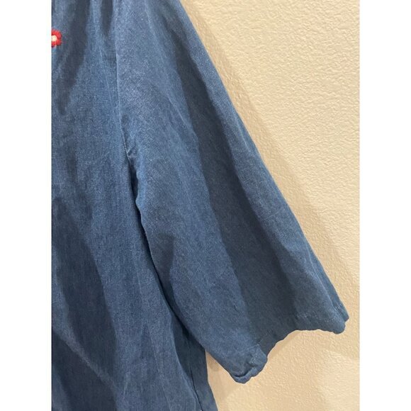 GO SOFTLY PATIO COTTON DENIM DRESS WOMENS LARGE FLORAL EMBROIDED SIZE S POCKETS - Picture 6 of 9